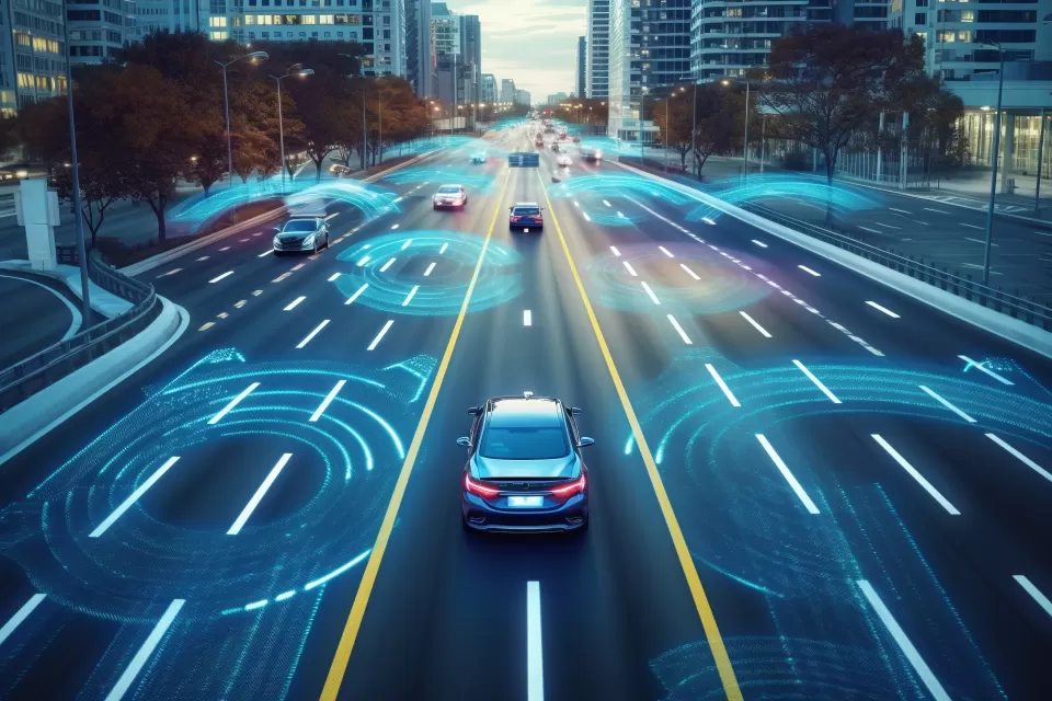 Cars on road with simulated technology overlay